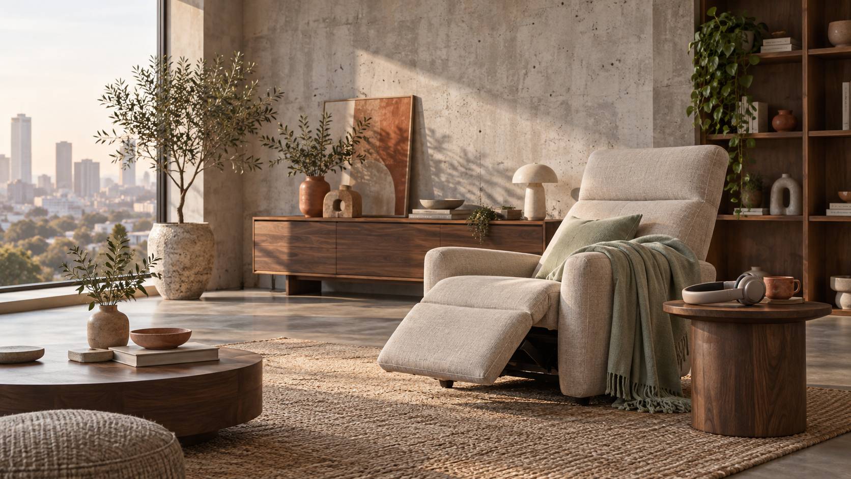 Espace de repos urbain apaisant avec fauteuil inclinable et plaid