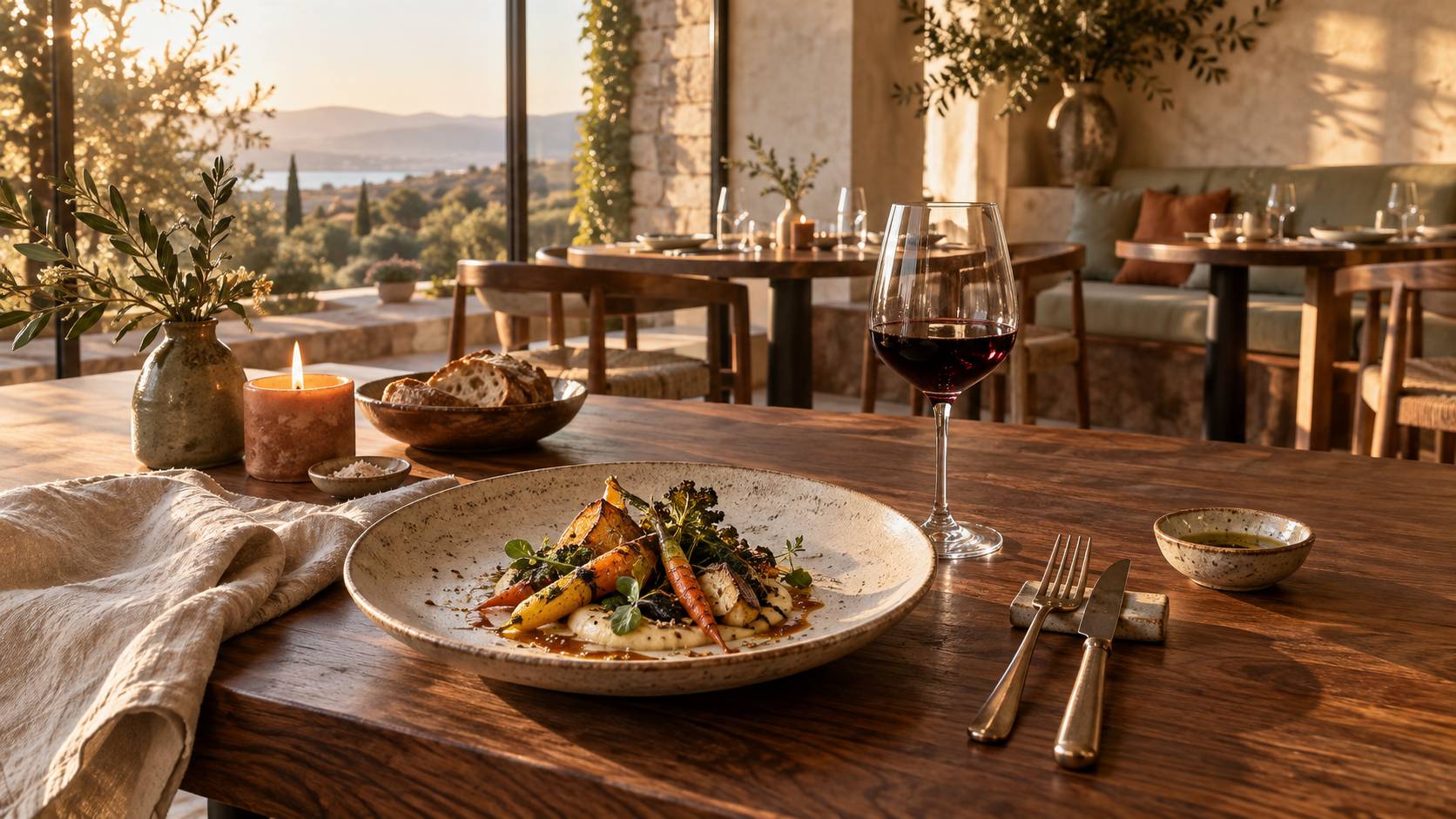 Table de restaurant dressée avec assiette en céramique et verre de vin