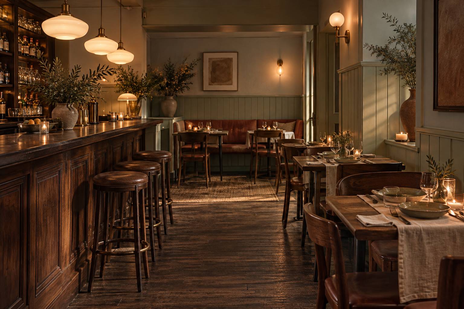 Petite salle de bistrot chaleureuse avec comptoir en bois et suspensions en laiton