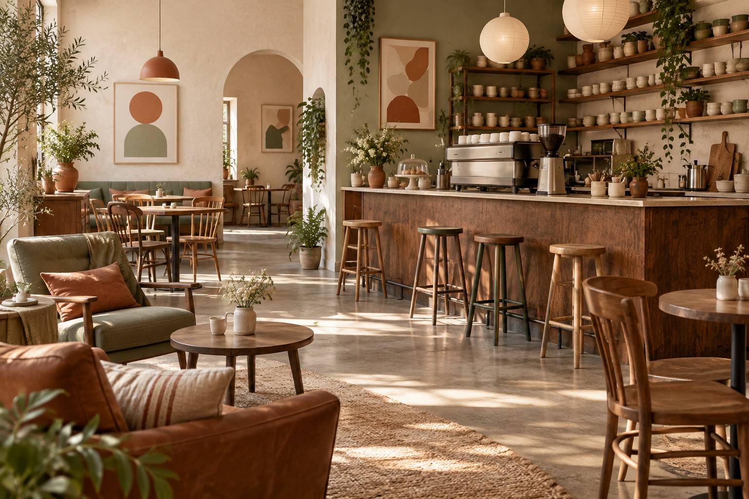 Intérieur de café indépendant avec comptoir en bois et mobilier chiné