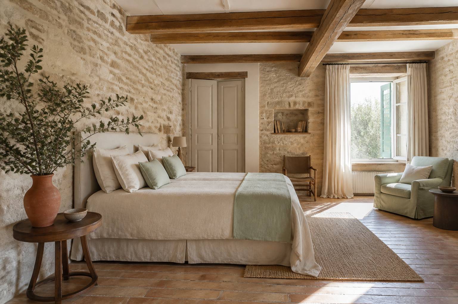 Suite d'hôtel de charme générique avec pierres apparentes, poutres en bois et linge de lit en lin naturel