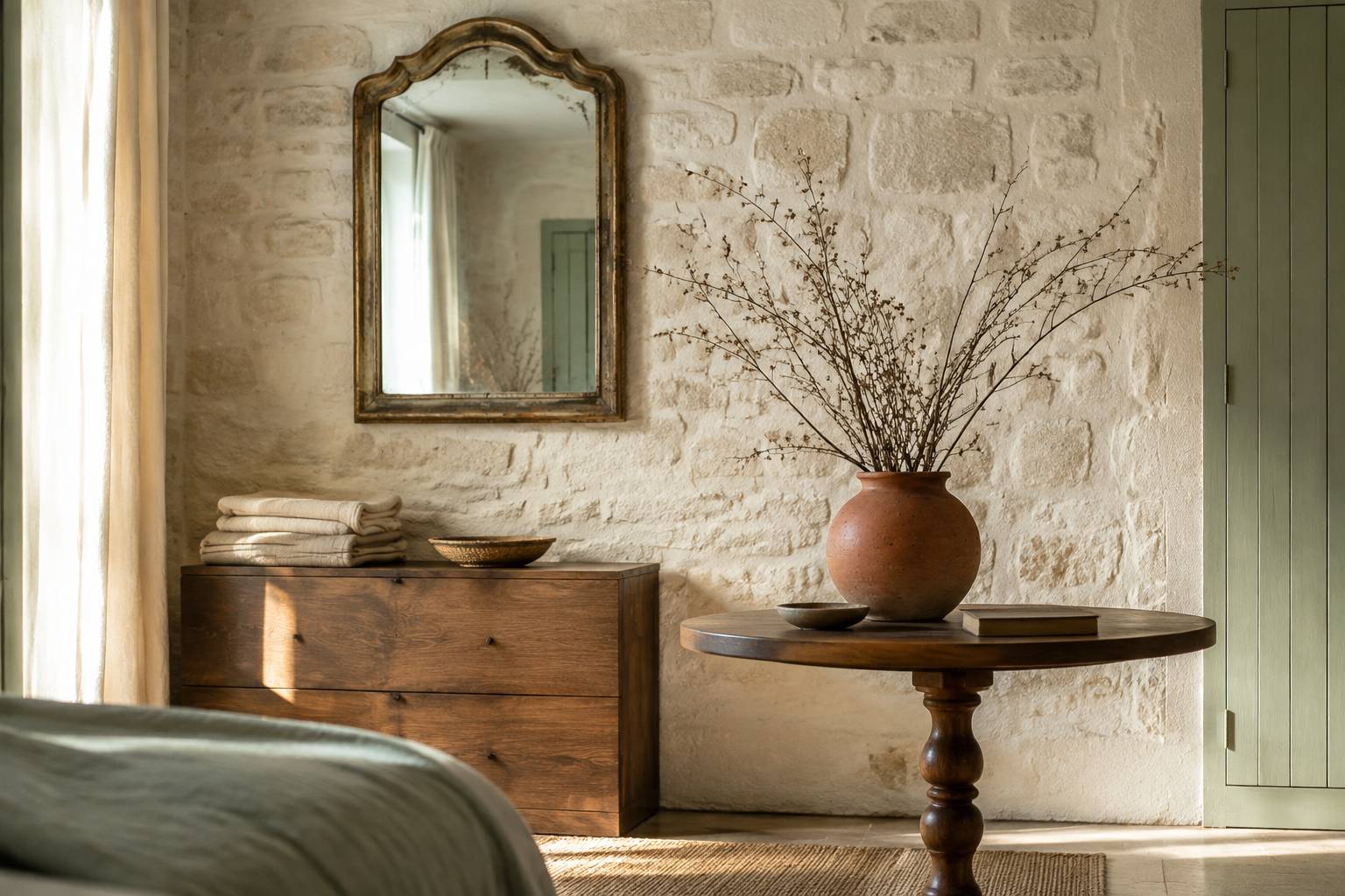 Coin décoration d'hôtel de charme avec guéridon en noyer, vase en céramique terracotta et linge en lin