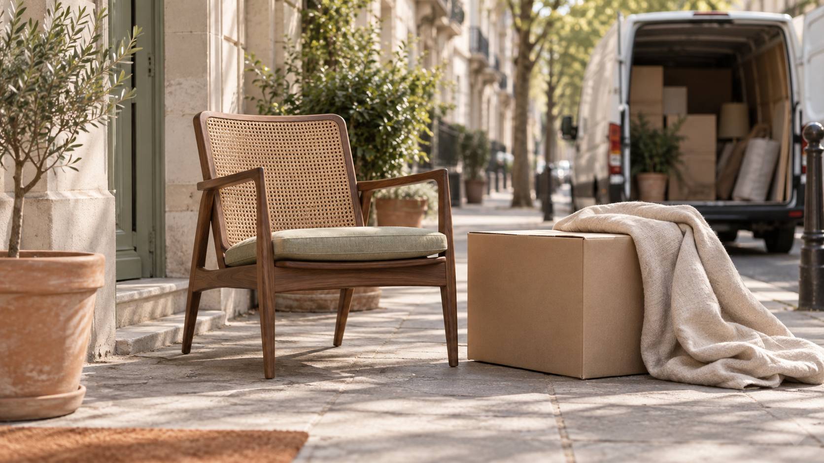 Fauteuil cannée près d'un carton et d'une couverture pour un transport de meuble
