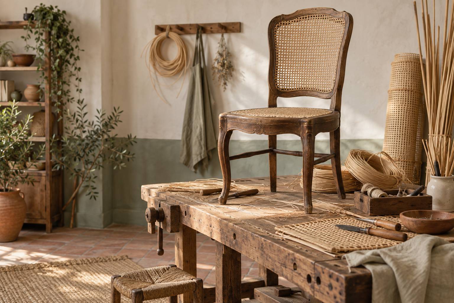 Chaise ancienne au dossier canne sur un etabli d'atelier avec rouleaux de rotin