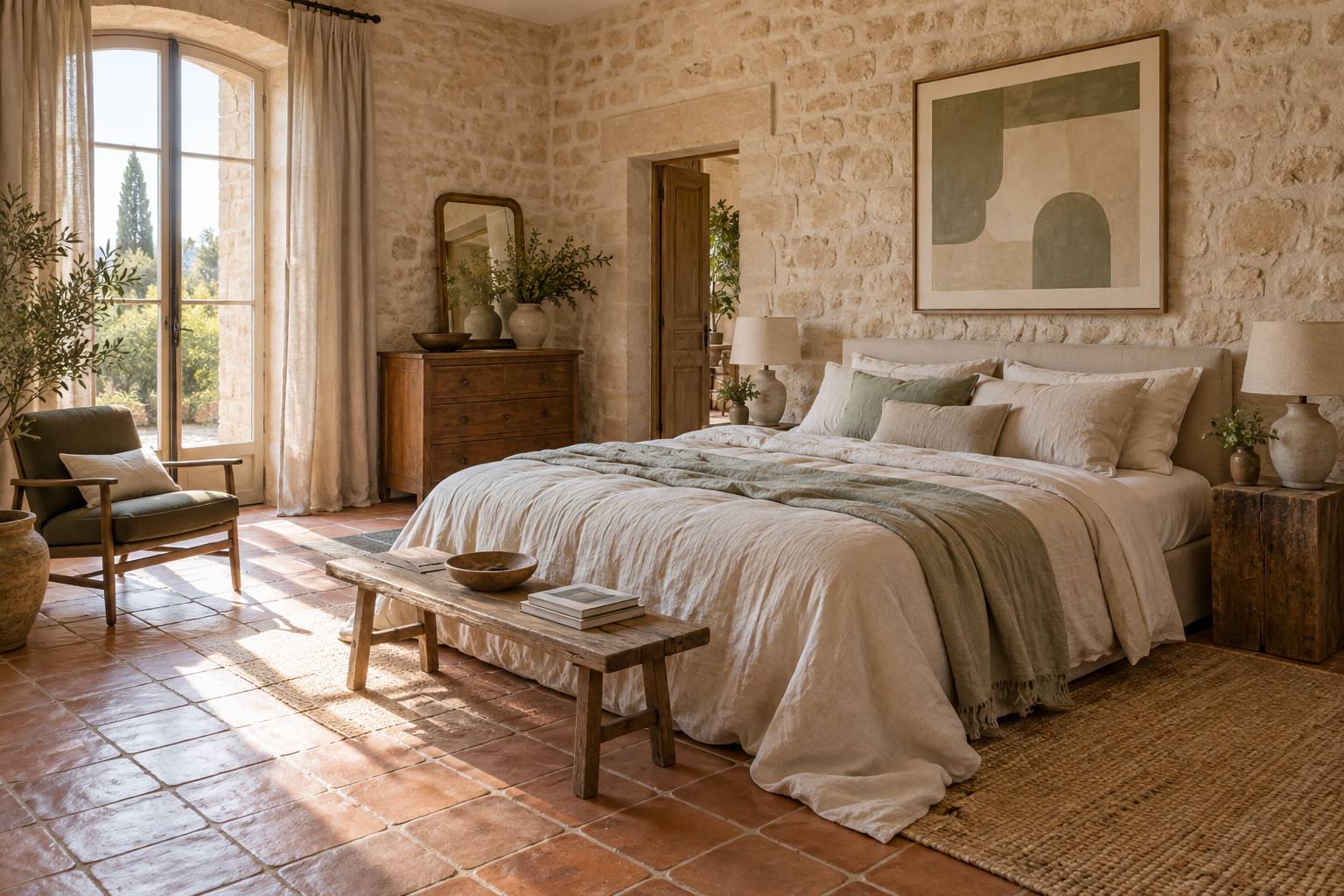 Chambre de maison d'hôtes arlésienne avec lit en lin et objets chinés