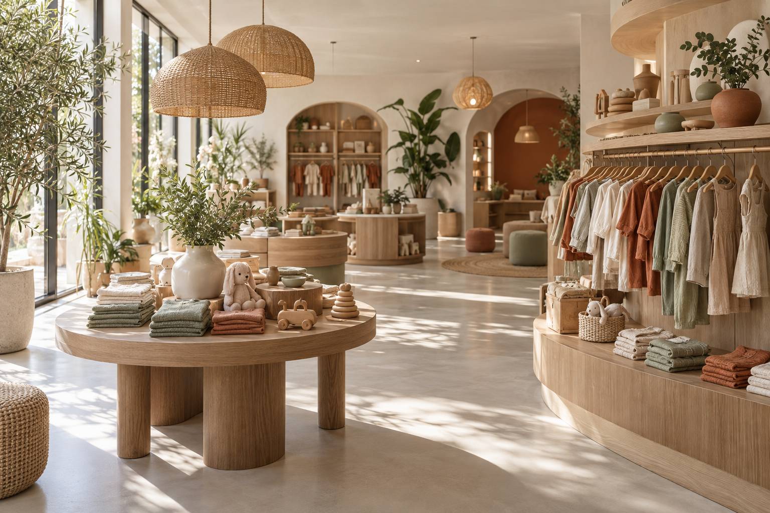 Concept store au décor organique avec présentoirs courbes et plantes