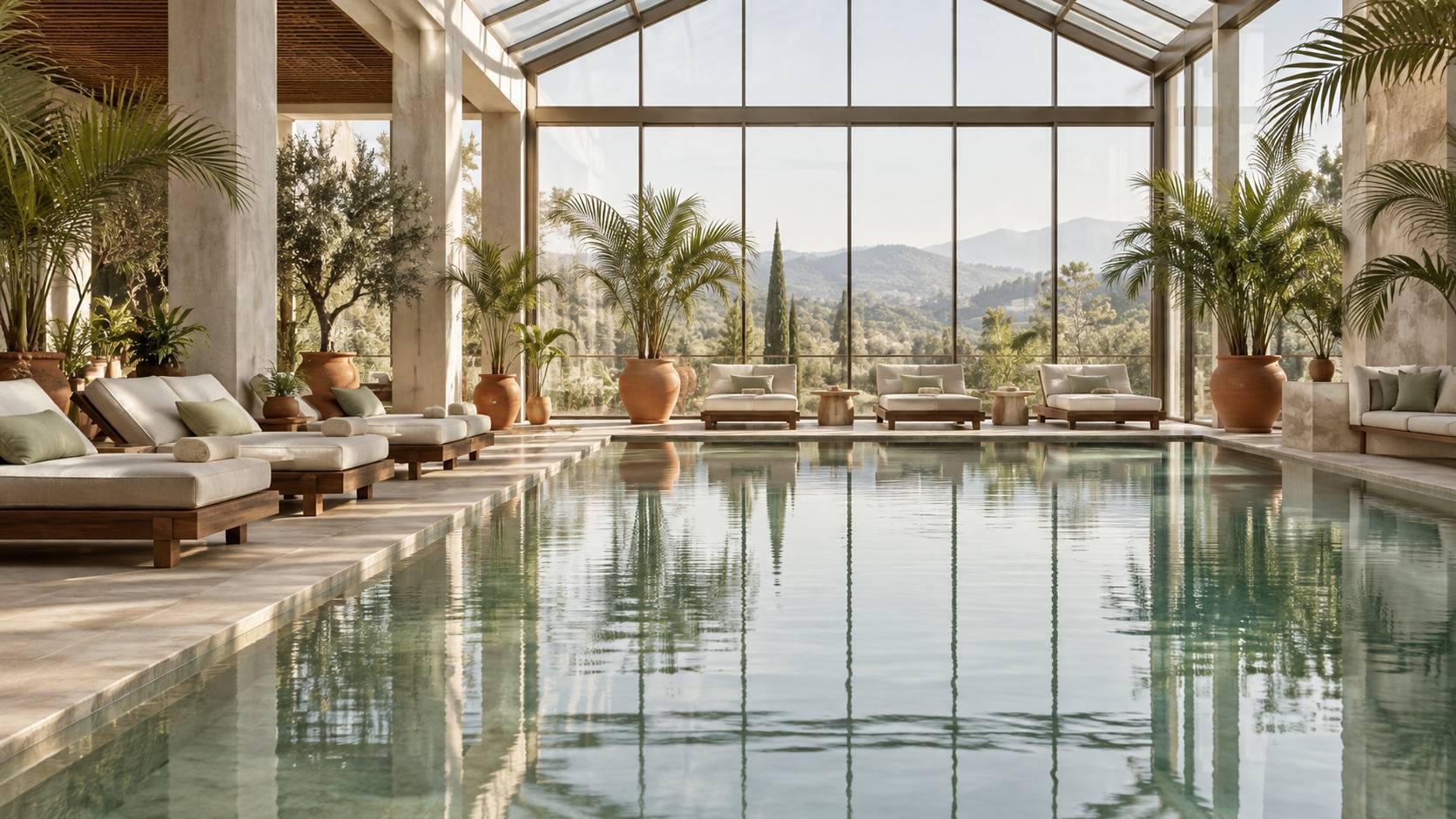 Atrium d'hôtel tropical avec bassin intérieur entouré de plantes luxuriantes