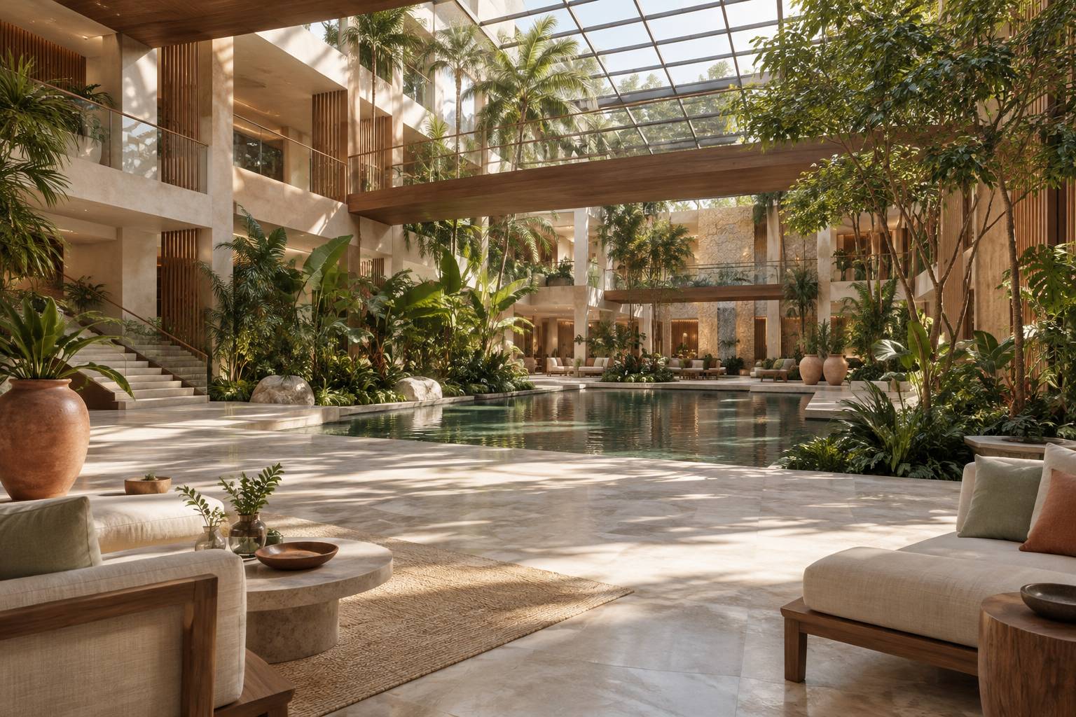 Atrium d'hôtel tropical avec bassin intérieur entouré de plantes luxuriantes