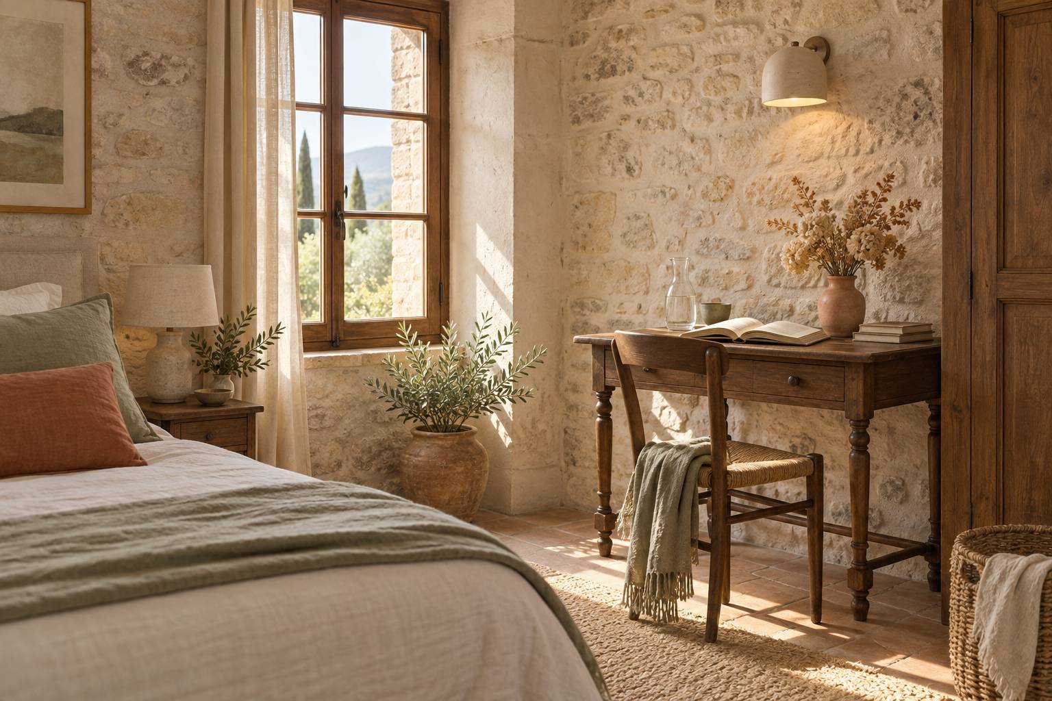 Détail d'un bureau de chambre d'hôtes avec carafe et fleurs séchées