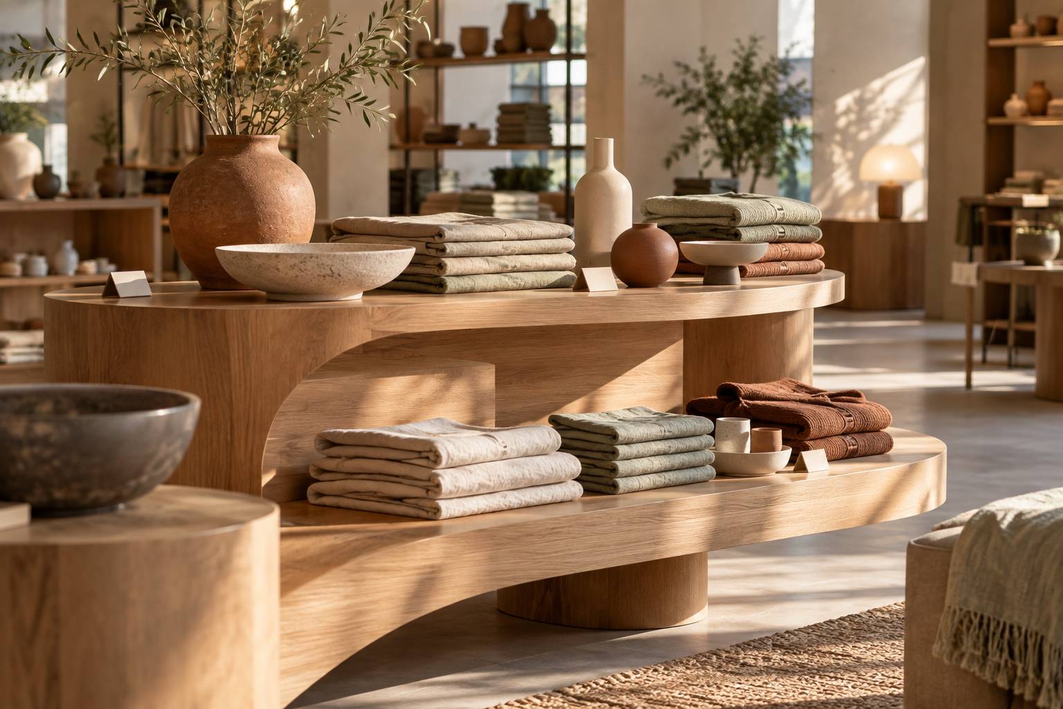 Détail d'un présentoir courbe en bois avec textiles et décoration