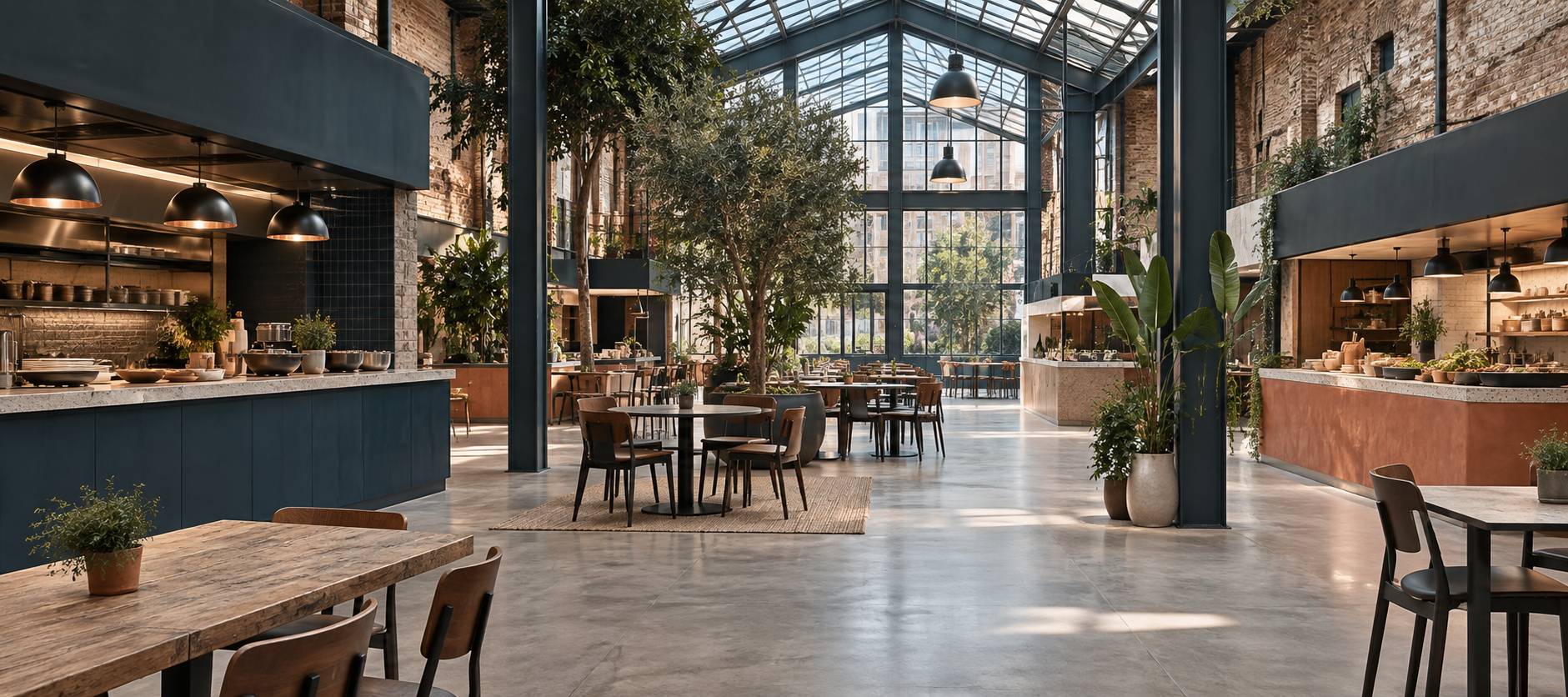 Grande halle culturelle couverte avec stands artisanaux et guirlandes lumineuses