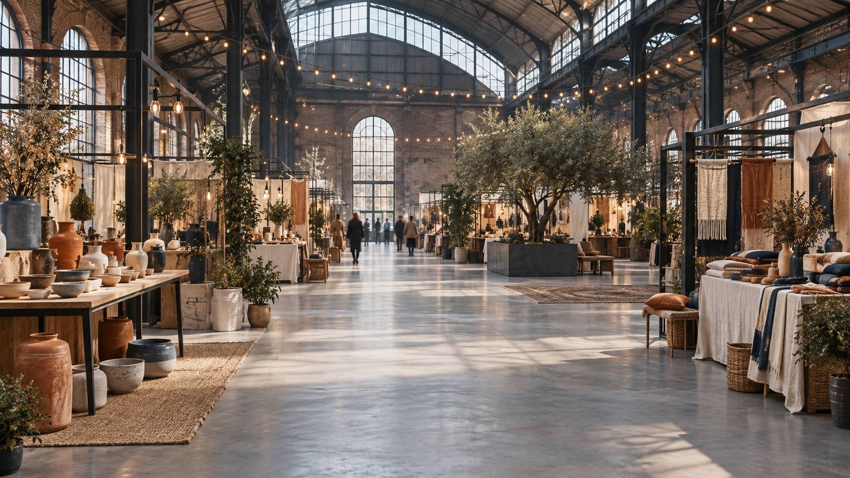Grande halle culturelle couverte avec stands artisanaux et guirlandes lumineuses