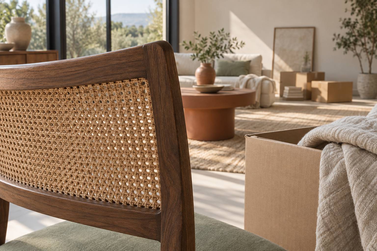 Gros plan sur un dossier de chaise en cannage près d'un carton de déménagement