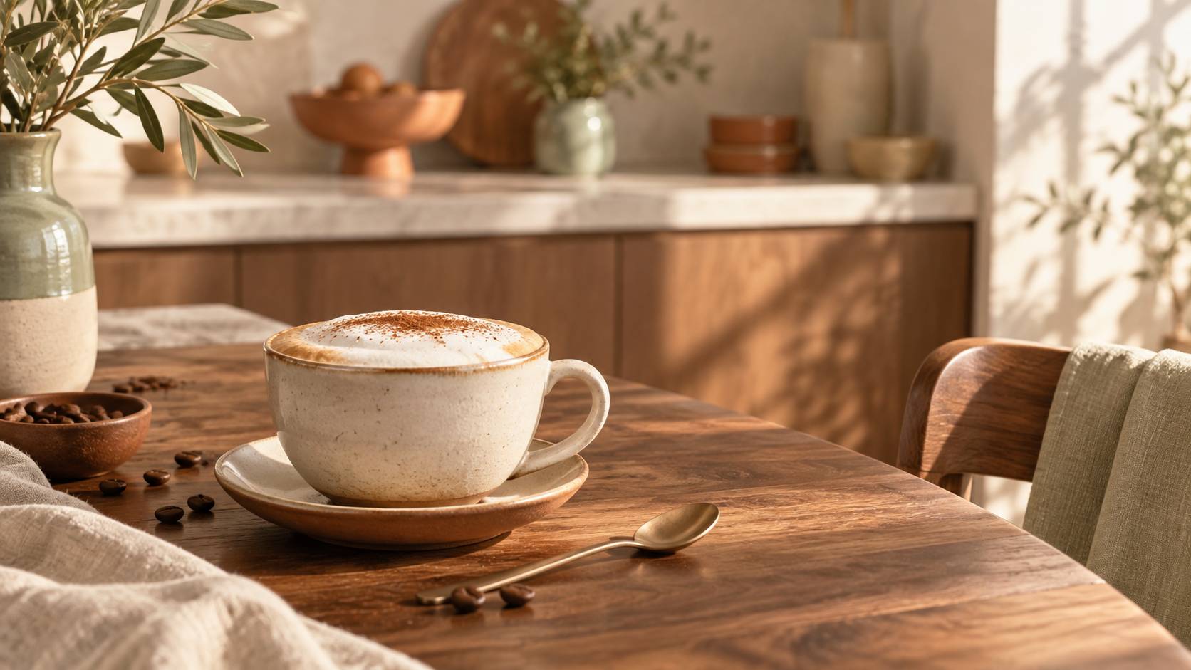 Gros plan sur une tasse de cappuccino et des grains de café sur une table
