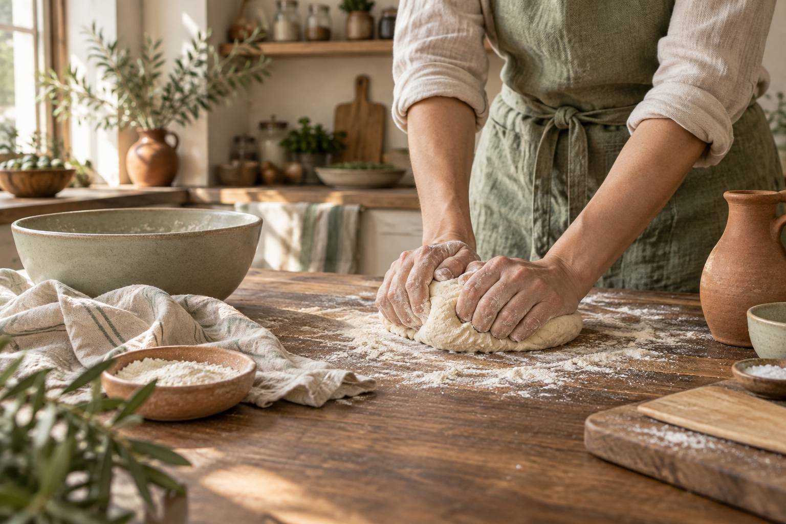 Illustration éditoriale du sujet : Le geste artisanal de la pâte : pétrissage à la main, temps et savoir-faire