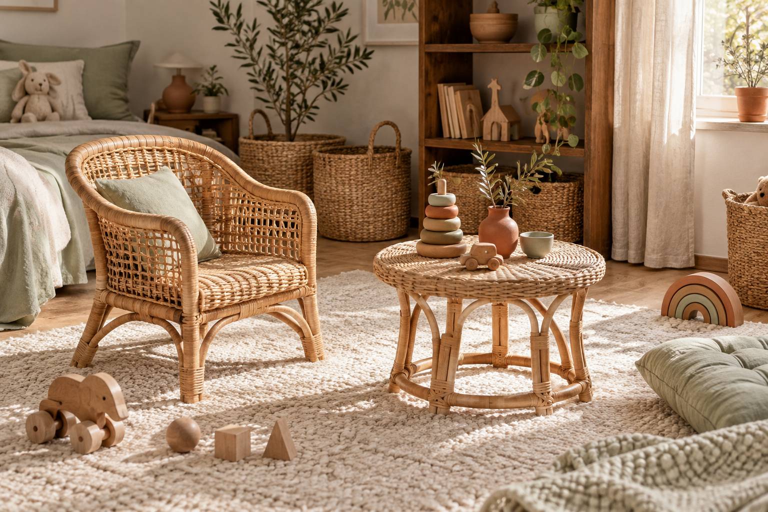Illustration éditoriale du sujet : Le mobilier d'enfant en fibres naturelles : solidité, entretien et sécurité