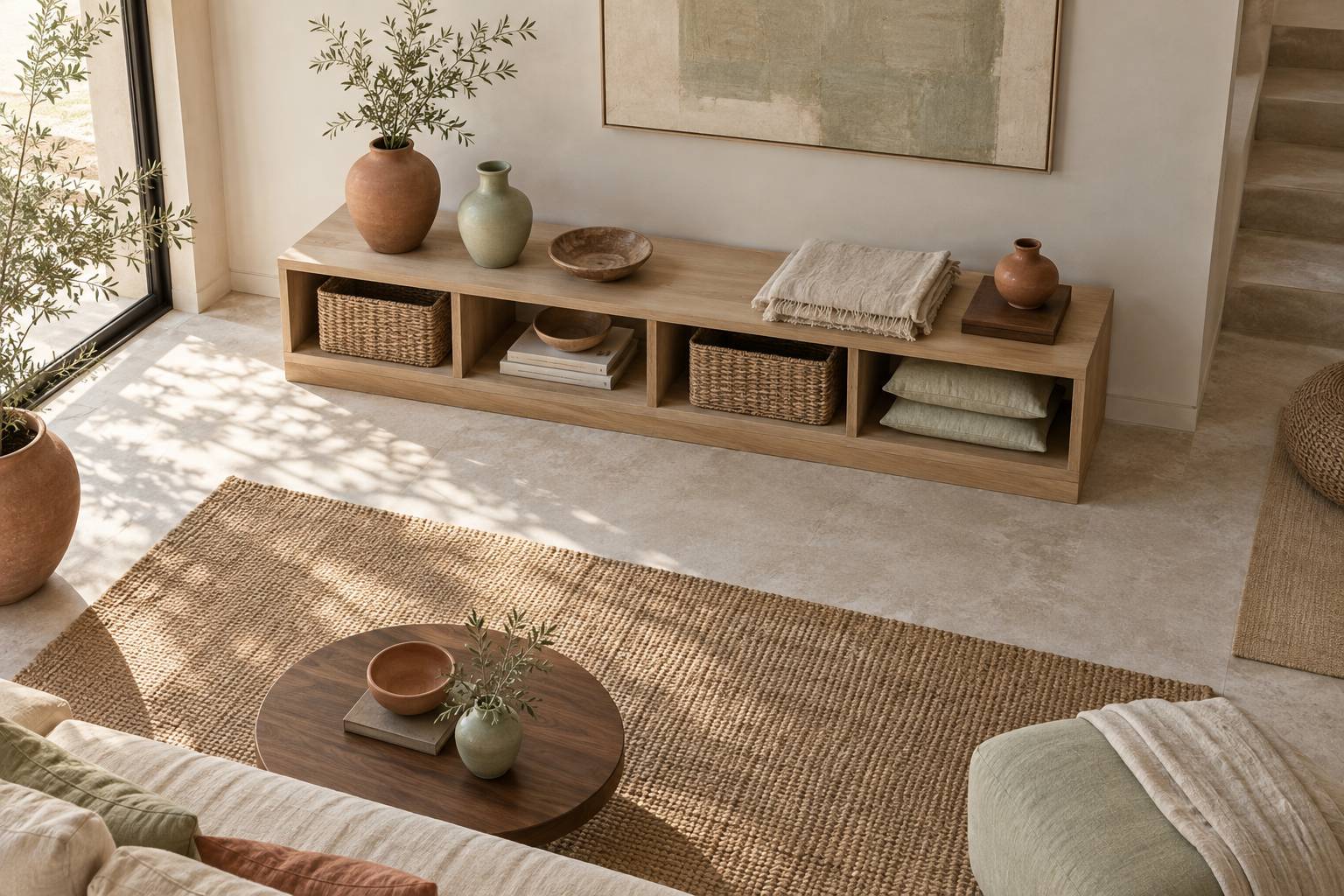 Meuble bas en bois clair avec vases et plaid plie