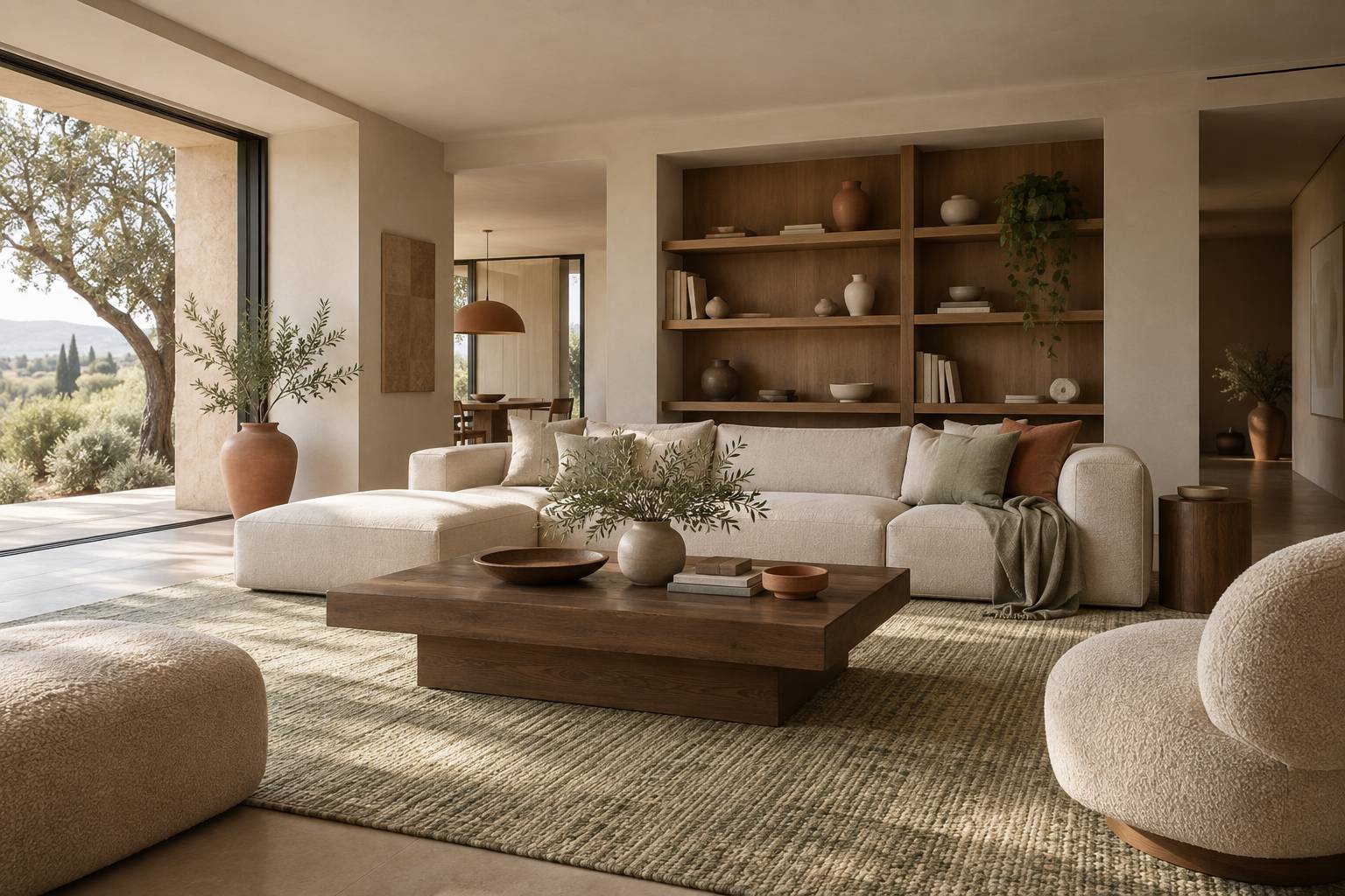 Canape en lin clair et table en bois massif dans un salon aere
