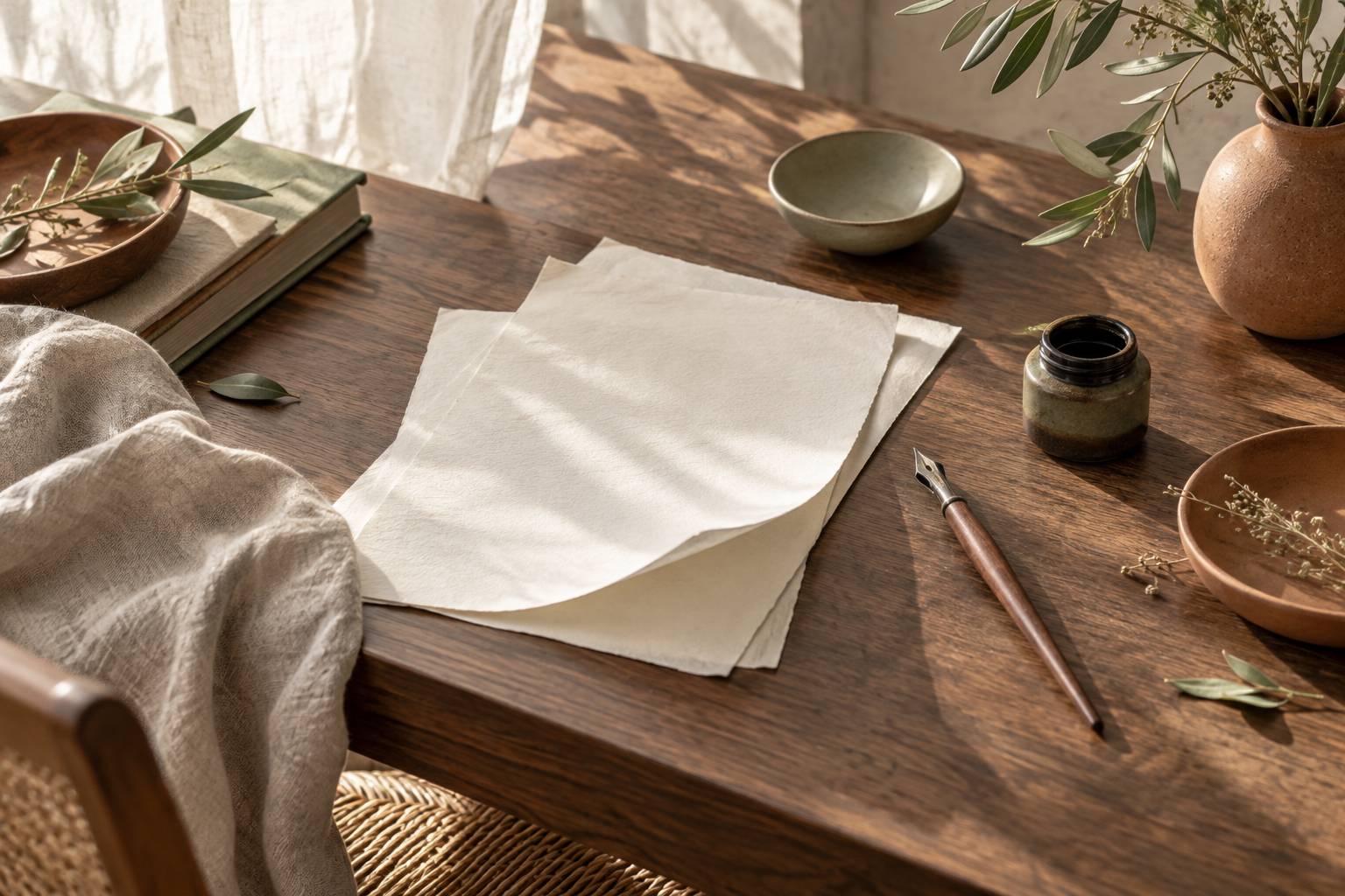 Feuilles vierges et porte-plume sur une table de calligraphie