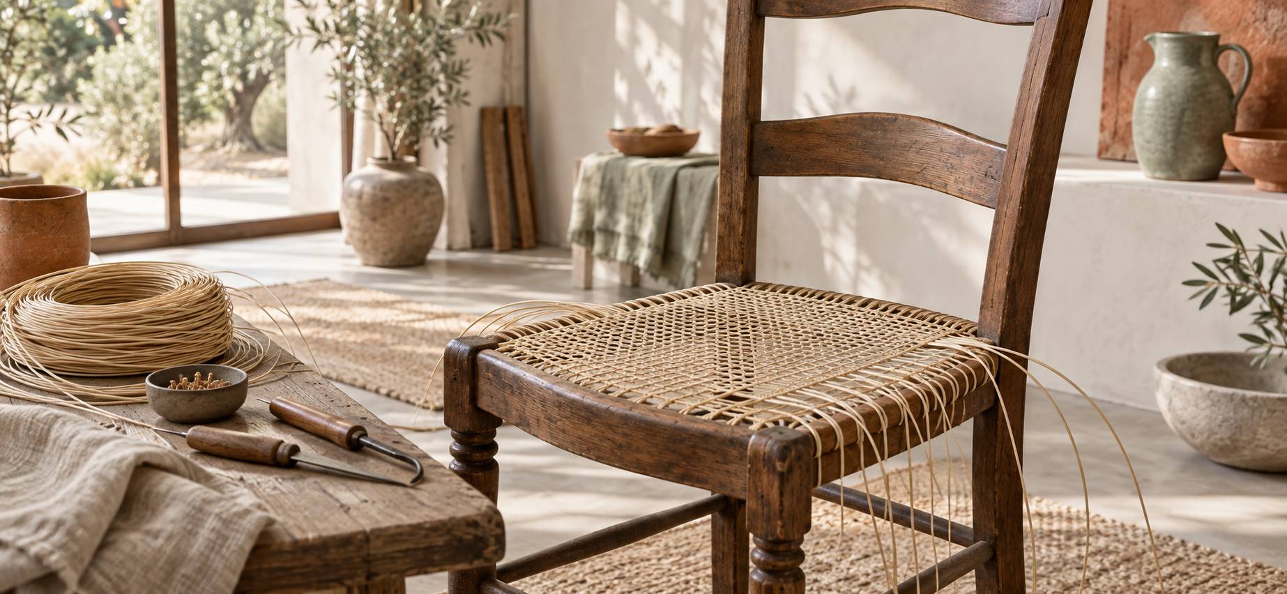 Cannage de chaise ancienne avec brins de rotin tendus sur l'assise