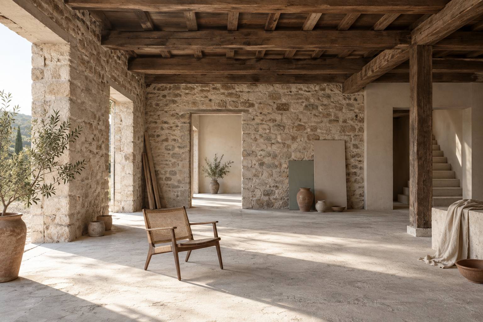 Interieur ancien en renovation avec murs de pierre et poutres apparentes