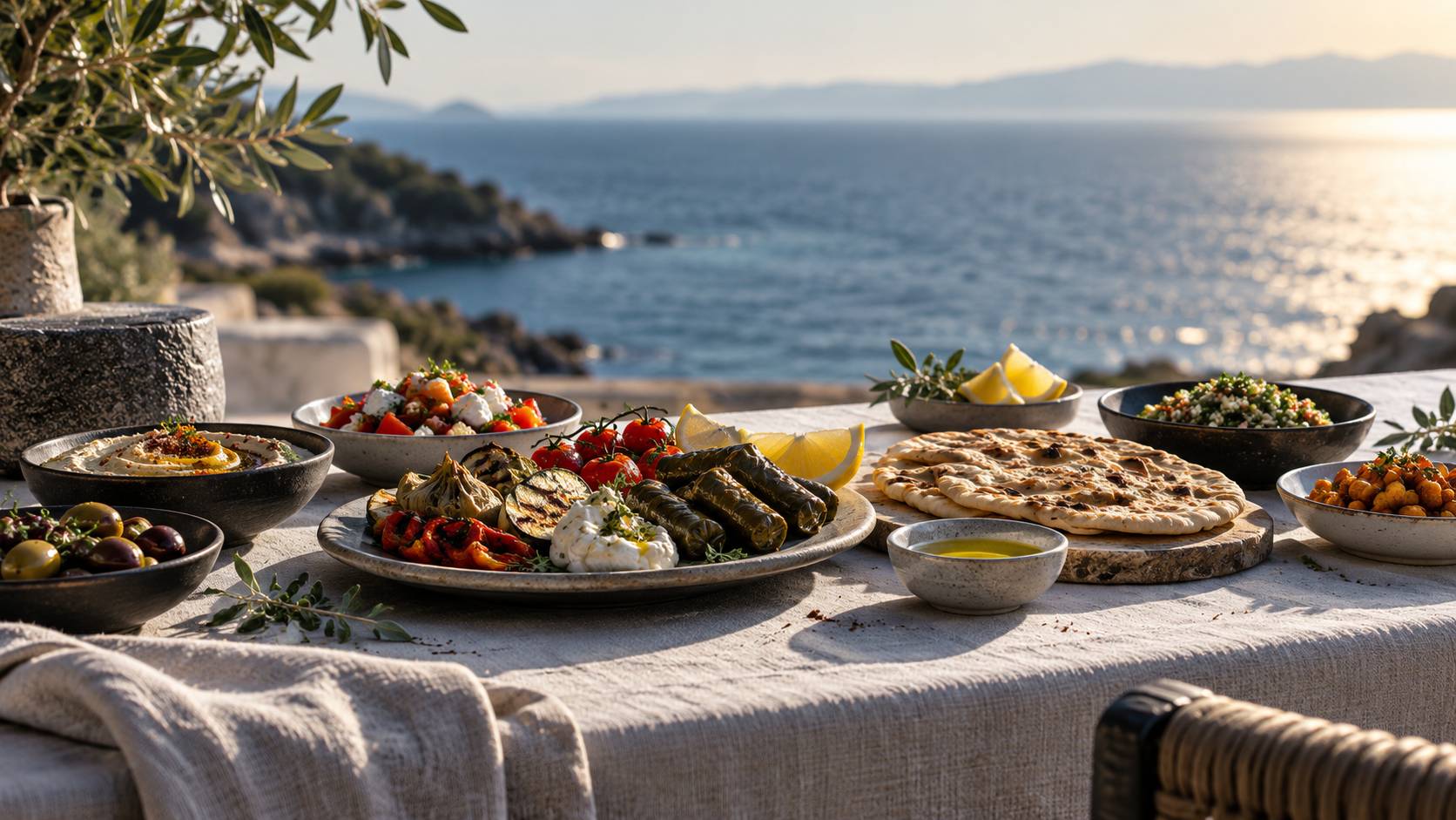 Assiette de mezzés méditerranéens servie en terrasse face à la mer