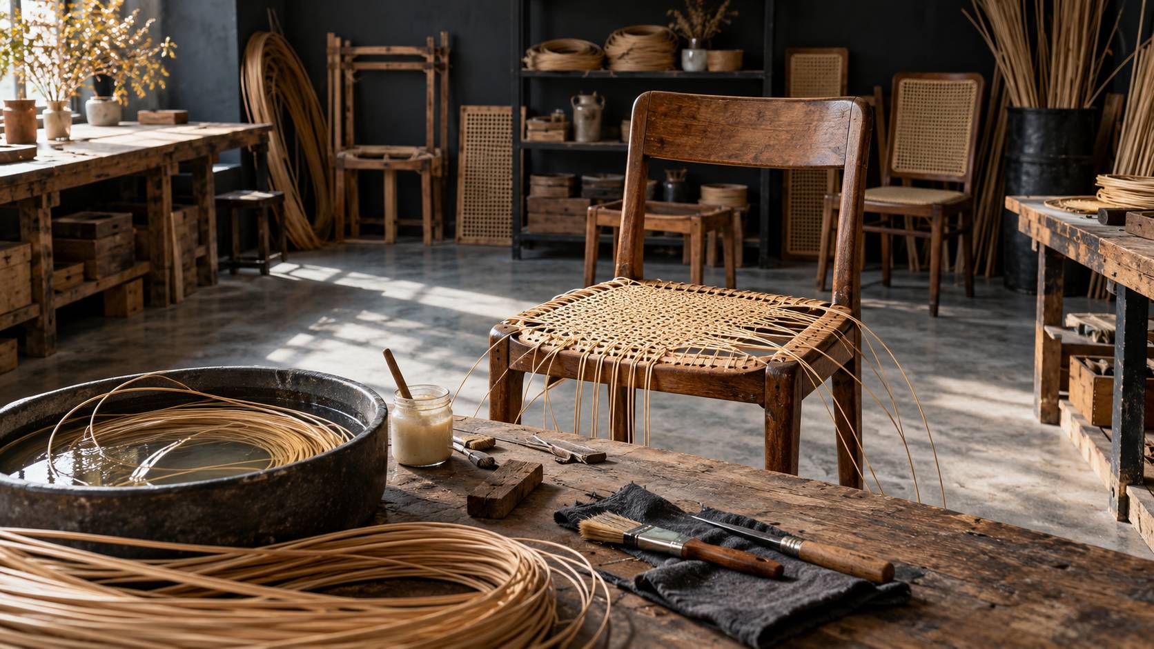 Atelier de cannage avec assise de chaise en restauration et brins de rotin