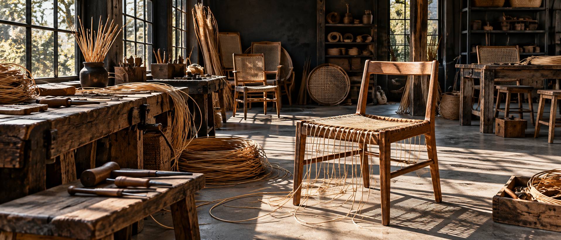 Atelier de cannage avec châssis de chaise et fils de rotin tendus