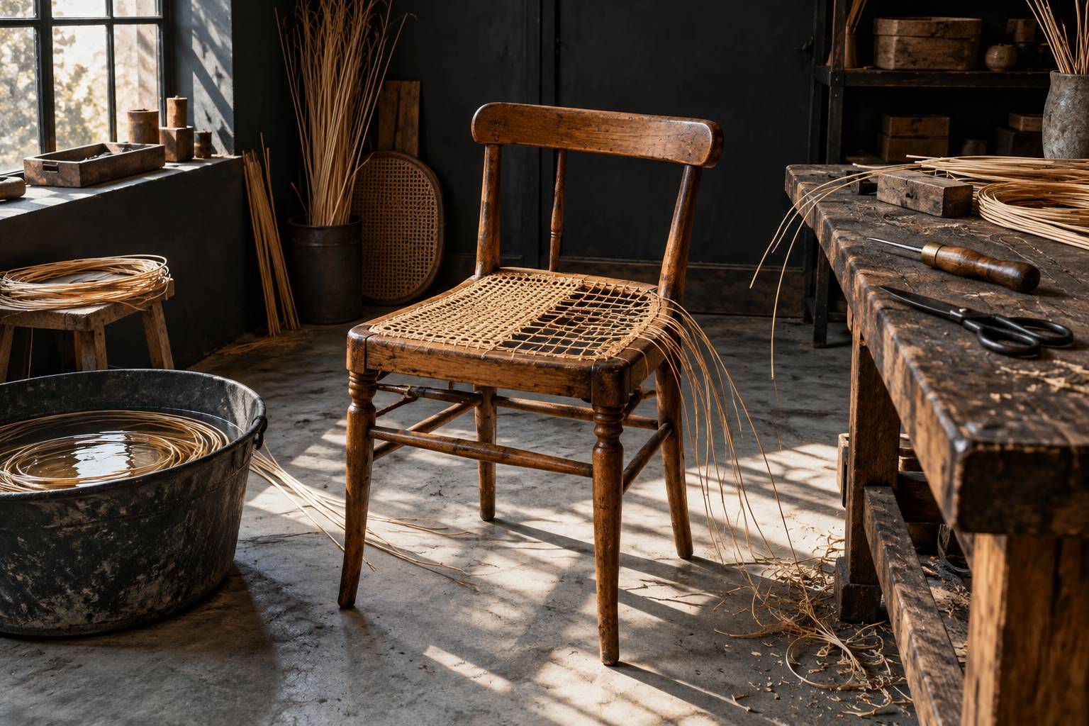 Chaise en bois au cannage partiellement refait dans un atelier avec brins de rotin