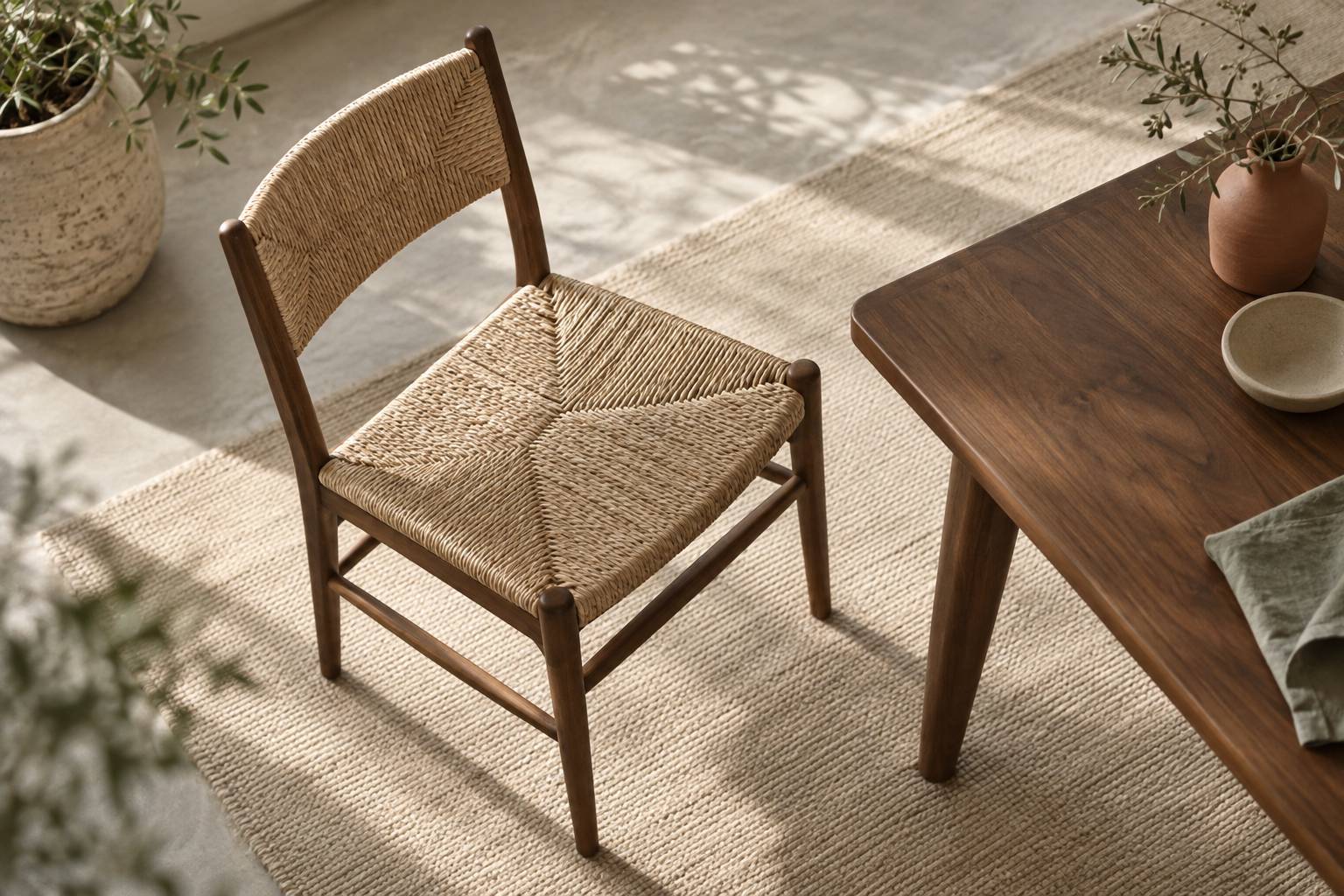 Detail du tressage d'une assise de chaise en cannage