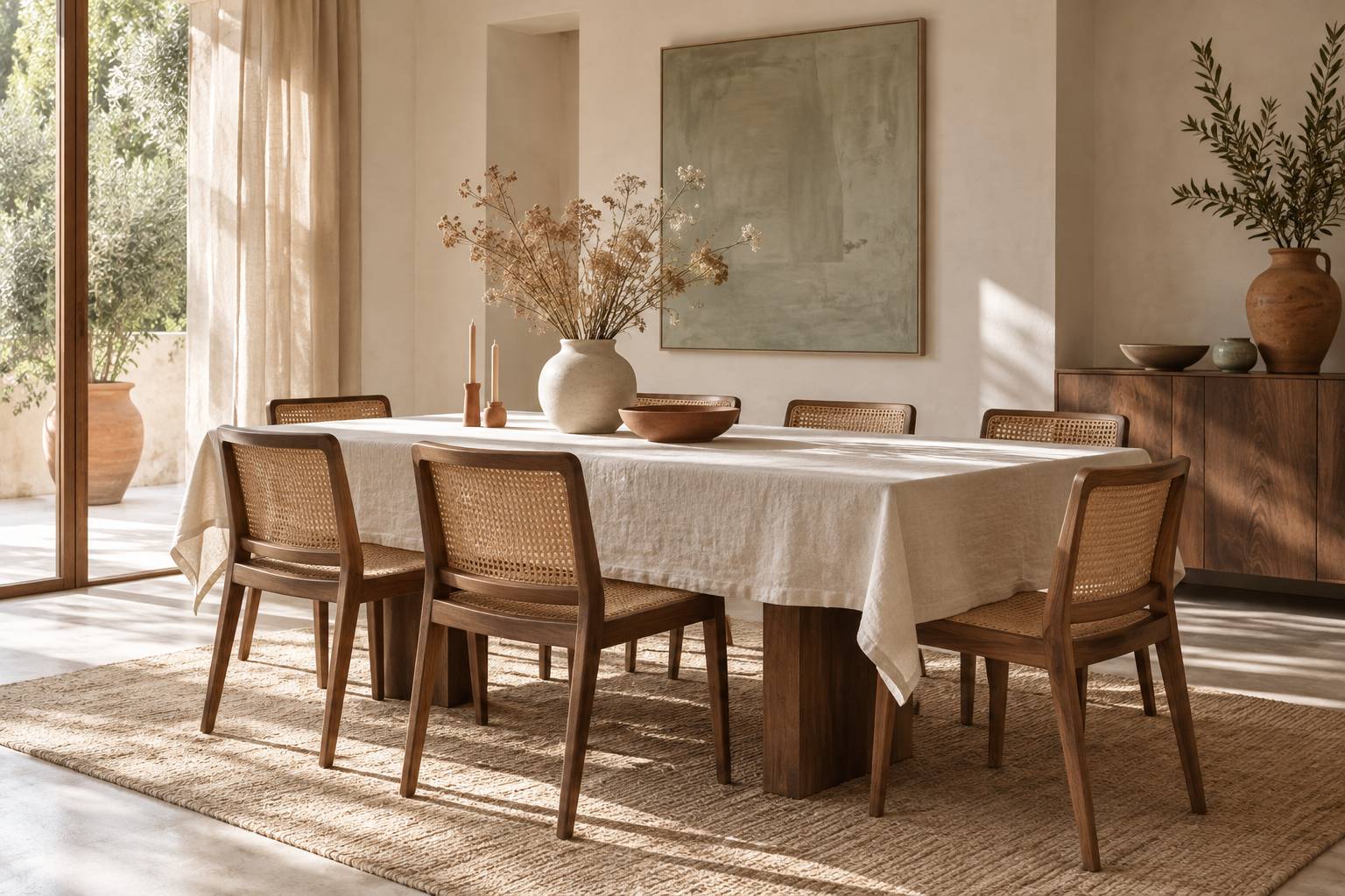 Chaises au dossier canne autour d'une table de salle a manger