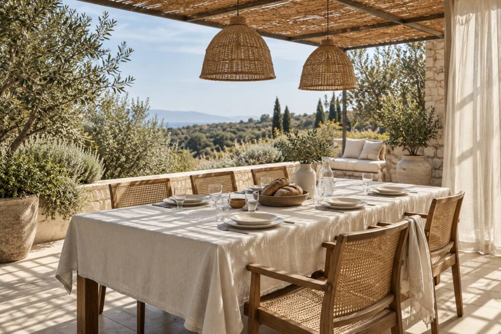 Une table catalane en terrasse : chaises cannées, nappes et vaisselle en terre cuite