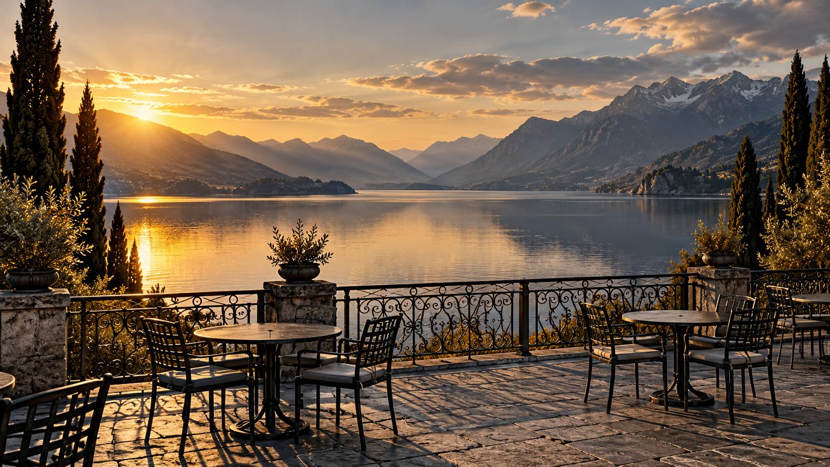 Terrasse au bord d'un lac de montagne avec rambarde en fer forgé