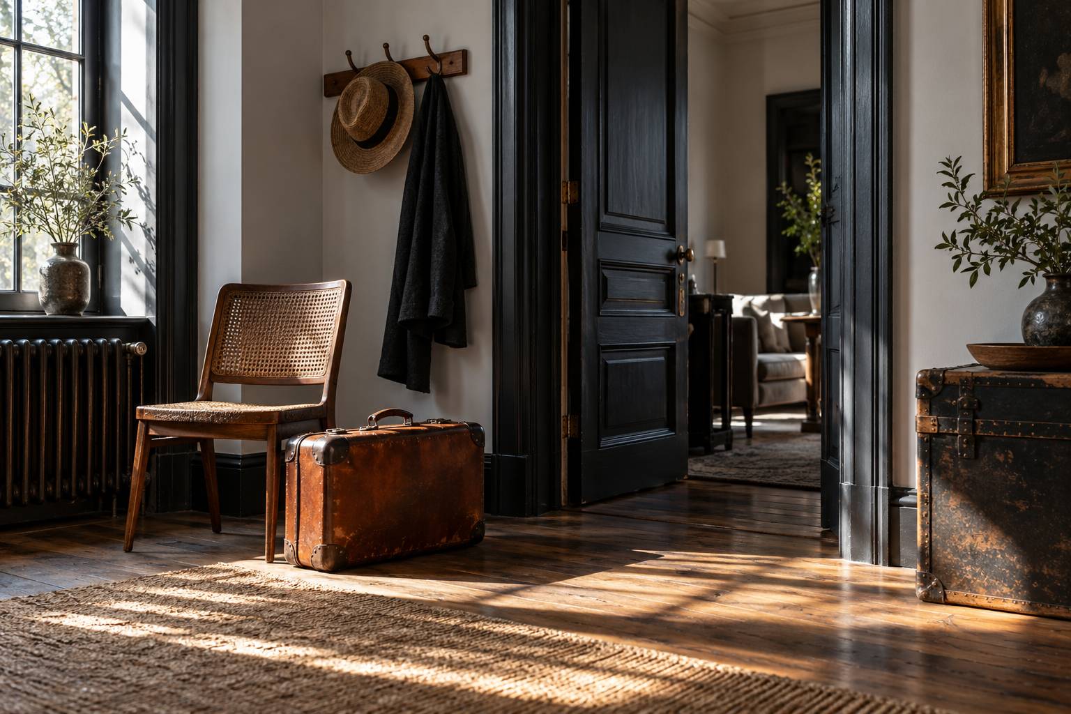 Valise de cuir posée près d'une chaise au dossier cannée dans une entrée