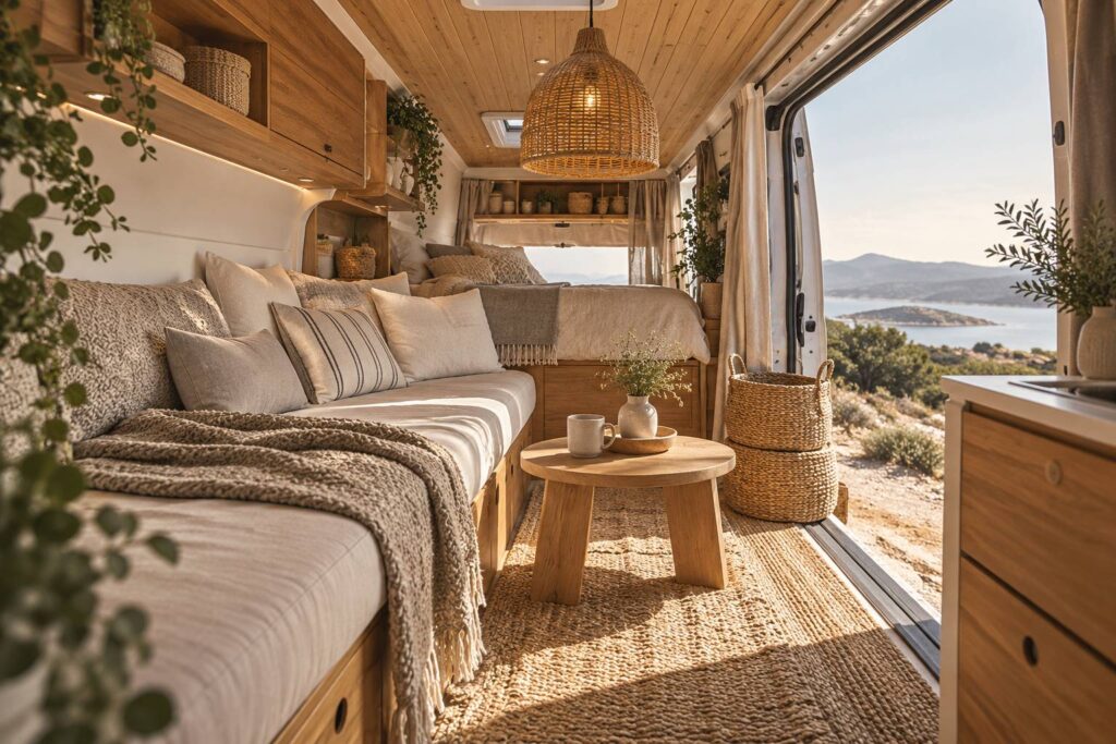 Décorer l'intérieur d'un van : matériaux naturels, rotin et textiles